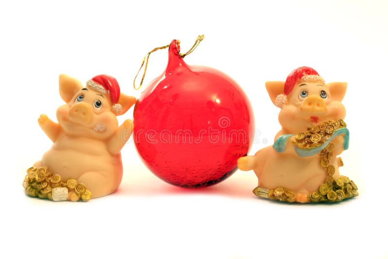 New year card with 2 pigs and red ball. New year card with 2 pigs and red ball