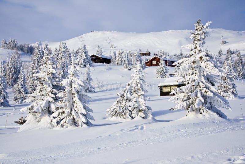 Snowy cabins, trees and mountain in Norway not far from the small town Ringebu. Snowy cabins, trees and mountain in Norway not far from the small town Ringebu.