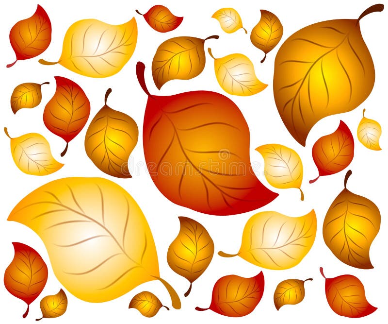 A clip art illustration of an arrangement of autumn leaves in red, gold and brown as a background pattern. A clip art illustration of an arrangement of autumn leaves in red, gold and brown as a background pattern