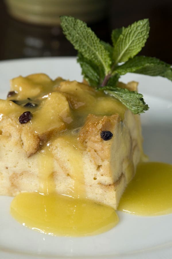 Bread pudding with raisins and mint. Bread pudding with raisins and mint