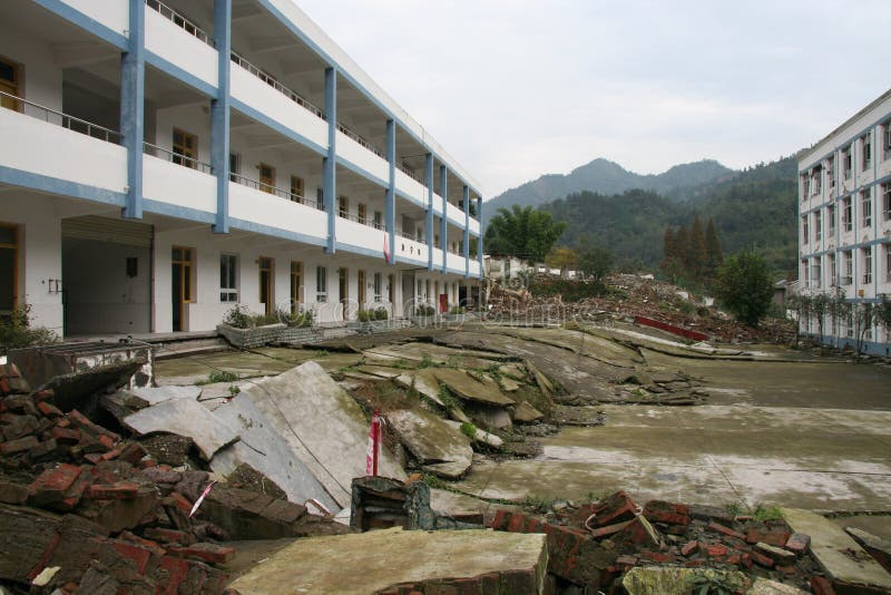 Damage in southwest China caused by the May 2008 earthquake. The two school buildings were on the same level before the earthquake. Damage in southwest China caused by the May 2008 earthquake. The two school buildings were on the same level before the earthquake.