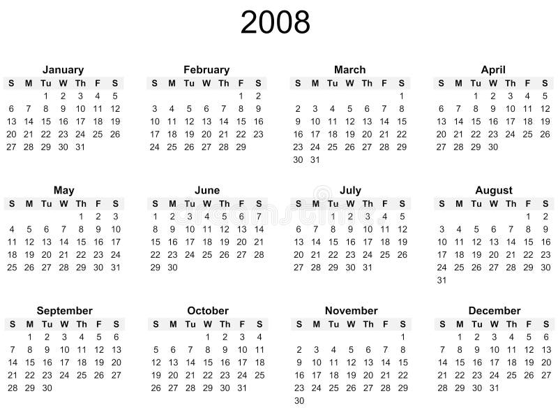 2008 Rok kalendář, jednoduché černé a bílé na bílé pozadí.