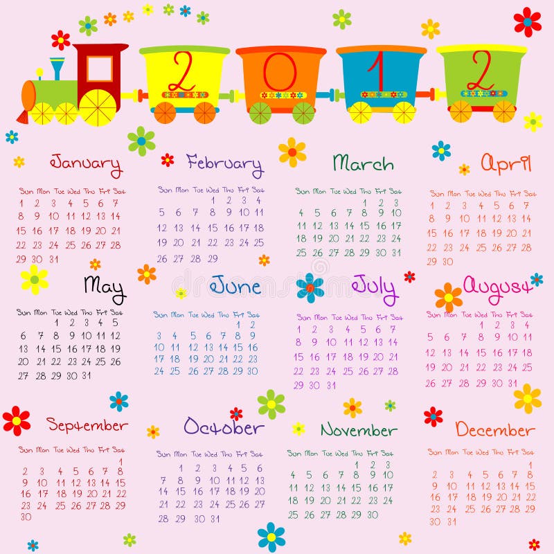 12 Calendar For Kids With Cartoon Train Stock Illustration Illustration Of January Year 1131