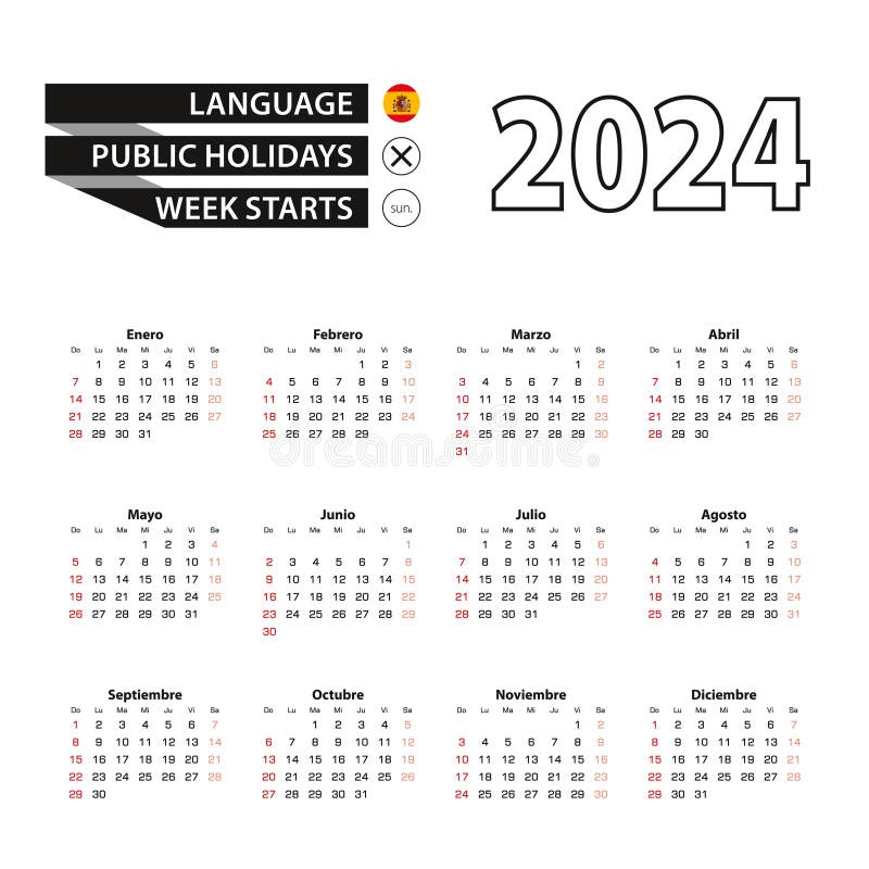 2024 Calendar in Spanish Language, Week Starts from Sunday Stock