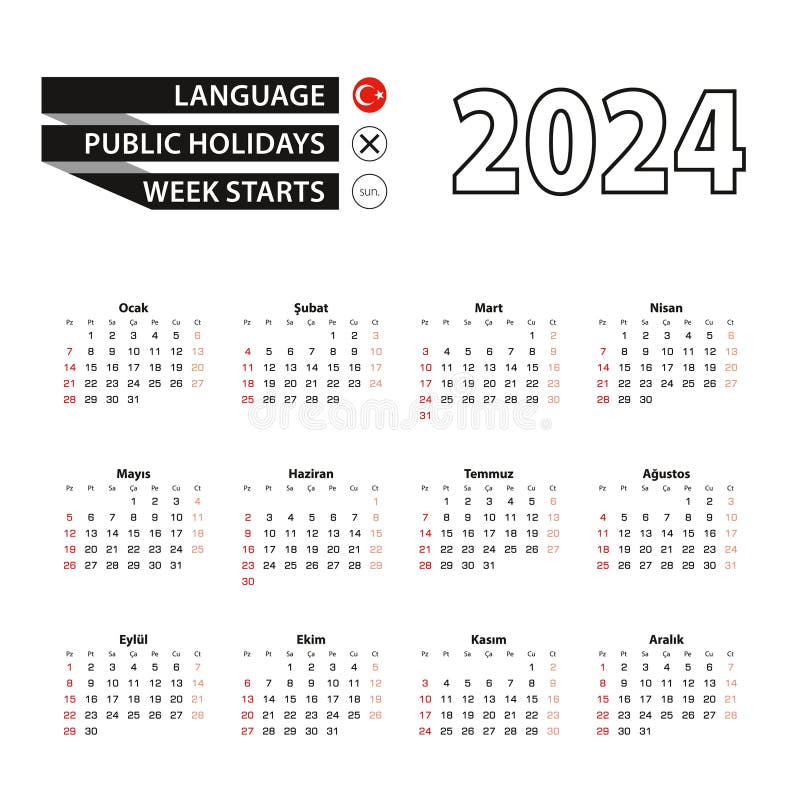 2024 Calendar in Turkish Language, Week Starts from Sunday Stock
