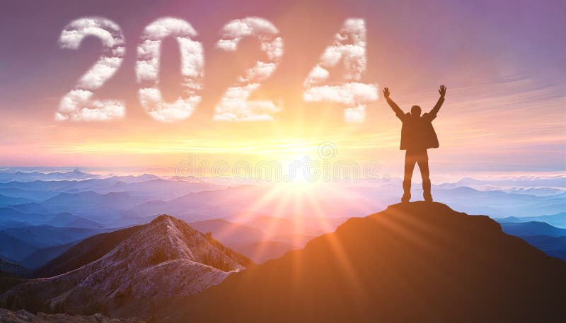 2024 New Year 2024 New Start Motivation Inspirational Quote Message Man Meets Dawn Mountains New Year 2024 274411406 