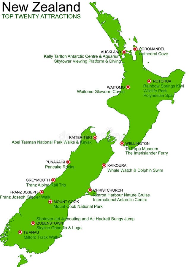 A detailed green map of New Zealand on a white background. Includes top twenty NZ attractions, things to do and place names. Vector illustration may be edited and re-sized without loosing quality. A detailed green map of New Zealand on a white background. Includes top twenty NZ attractions, things to do and place names. Vector illustration may be edited and re-sized without loosing quality.