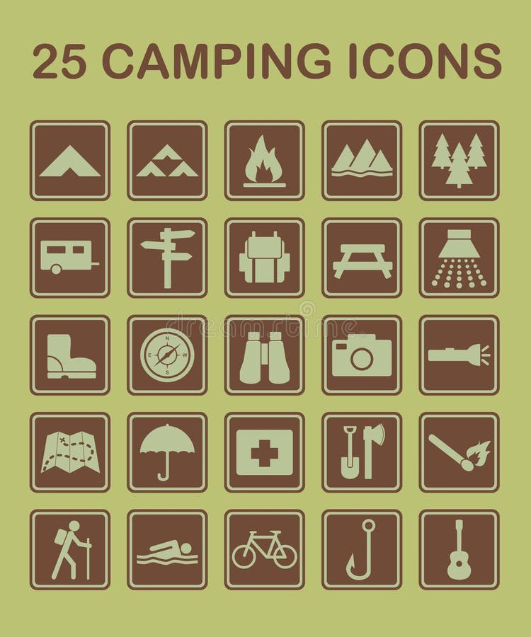 25 campingowych ikon ilustracji