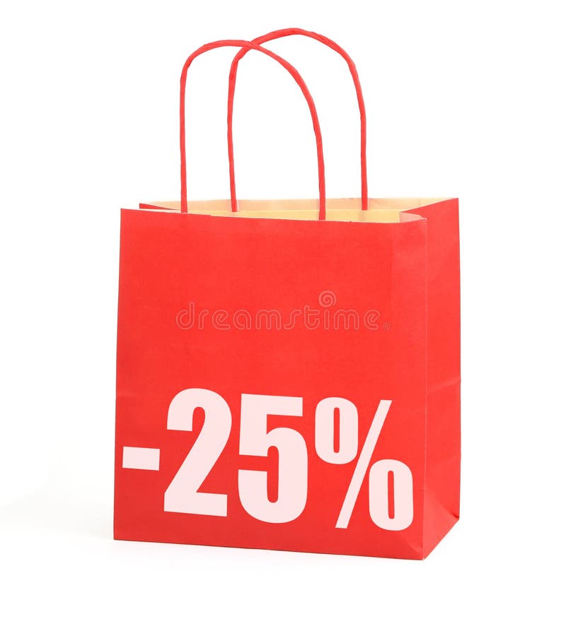 Shopping bag with -25% sign on white background, photo does not infringe any copyright. Shopping bag with -25% sign on white background, photo does not infringe any copyright