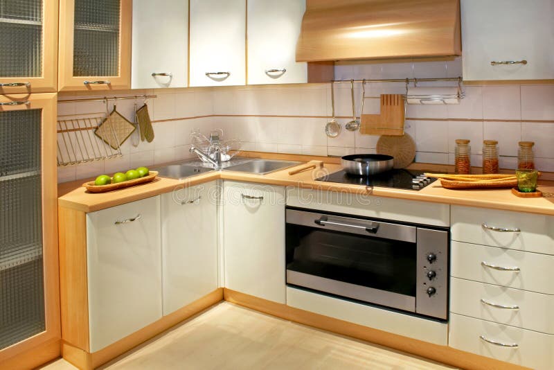 Modern wooden kitchen counter with big cabinet. Modern wooden kitchen counter with big cabinet