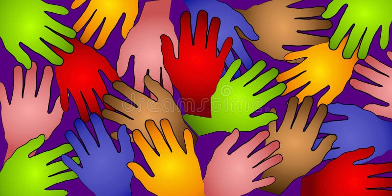 A bright colorful background pattern of human hands in gold yellow, green brown, pink, red and green set against a dark purple background with black outlines. Covers a wide range of themes such as race, art, global community, social issues, etc. A bright colorful background pattern of human hands in gold yellow, green brown, pink, red and green set against a dark purple background with black outlines. Covers a wide range of themes such as race, art, global community, social issues, etc.