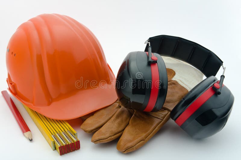 Safety helmet, hearing protection, ruler, pencil and work gloves. Safety helmet, hearing protection, ruler, pencil and work gloves