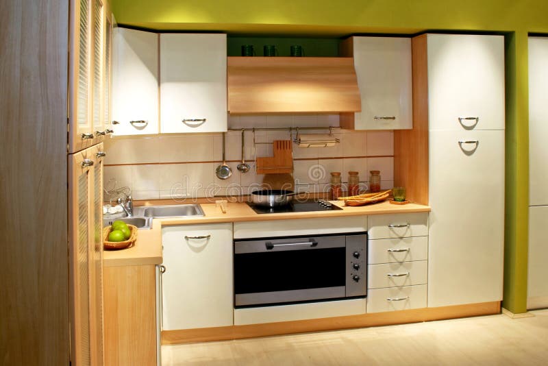 Modern wooden kitchen counter with big cabinet. Modern wooden kitchen counter with big cabinet