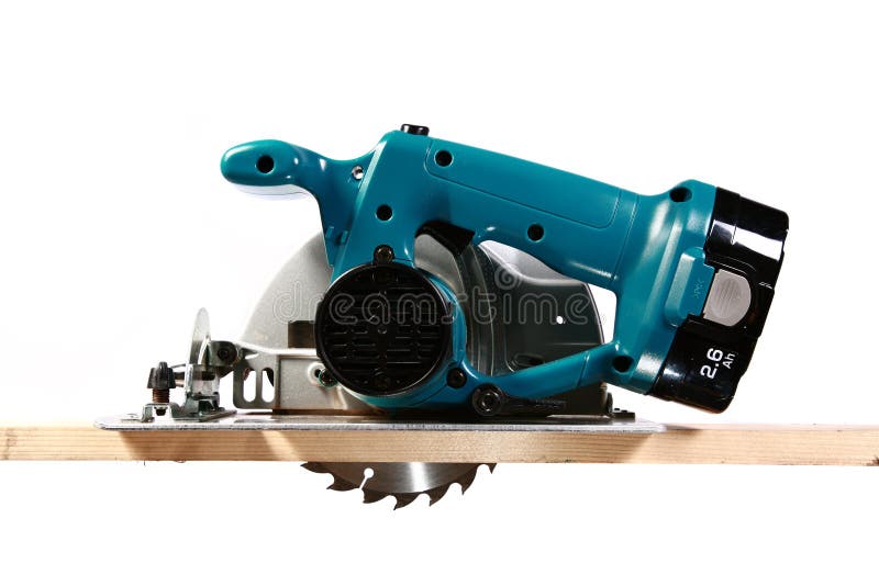 Blue circular saw cutting through a piece of wood. Isolated on white. Blue circular saw cutting through a piece of wood. Isolated on white.