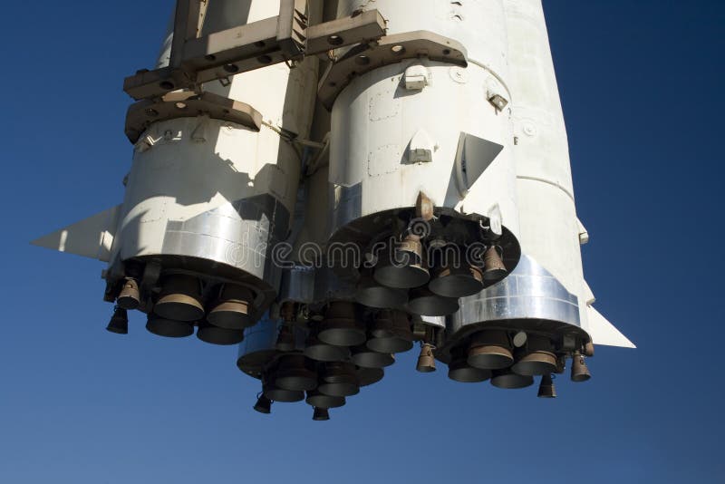 A russian spaceship launching rocket nozzles closeup. A russian spaceship launching rocket nozzles closeup