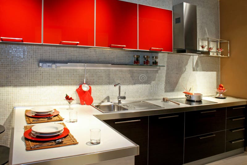 Modern kitchen counter with red details and lobster. Modern kitchen counter with red details and lobster