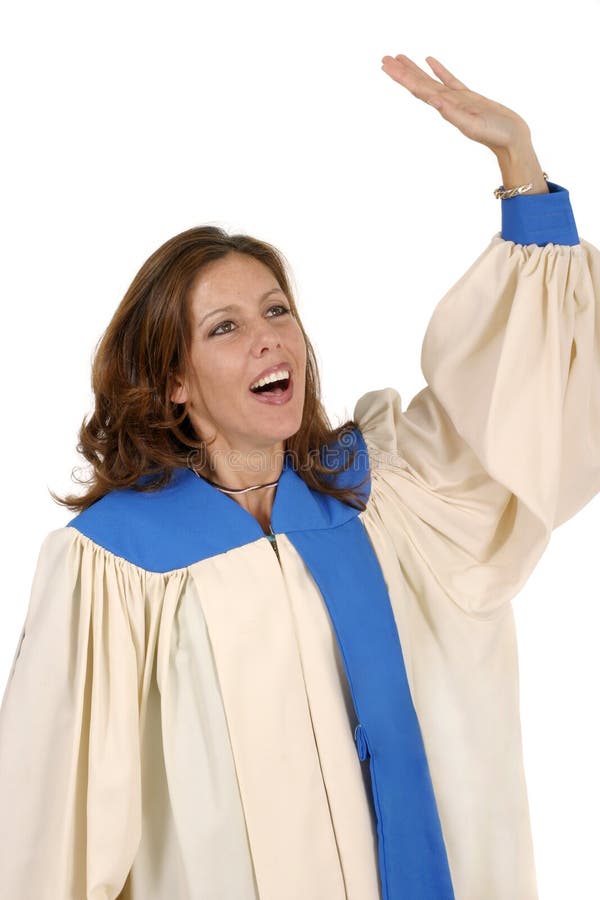 Woman in church choir robe with her arms raised singing in charismatic praise to God. Shot isolated on white background. Horizontal orientation. Woman in church choir robe with her arms raised singing in charismatic praise to God. Shot isolated on white background. Horizontal orientation.