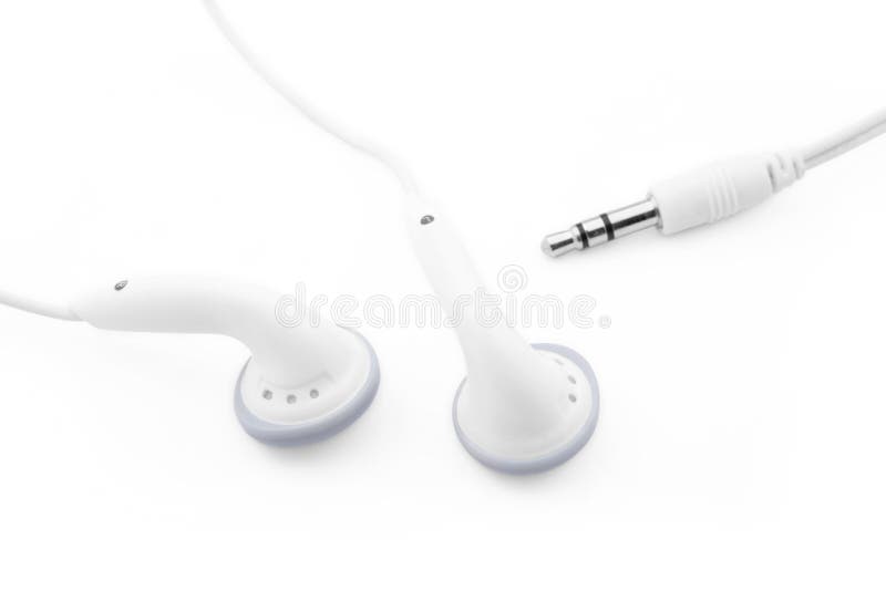 Blue and white stereo headphones with 3.5mm stereo jack shot in high key and isolated on white. Blue and white stereo headphones with 3.5mm stereo jack shot in high key and isolated on white.