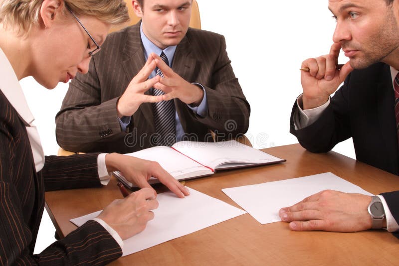 Business meeting - 2 men, 1 woman, - signing contract. Business meeting - 2 men, 1 woman, - signing contract