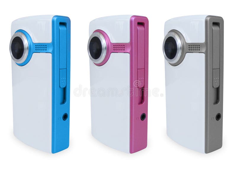 Three different colored video cameras are against a white background. Colors include blue, pink and silver. Three different colored video cameras are against a white background. Colors include blue, pink and silver.