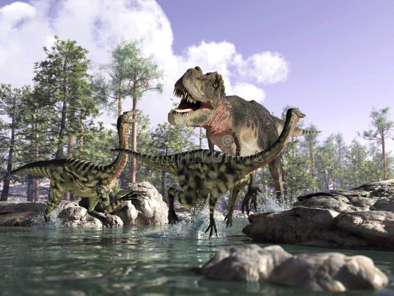 3 d-Szene einer T Rex, zwei Gallimimus jagend. vektor abbildung 3 d-Szene einer T Rex, zwei Gallimimus jagend. vektor abbildung