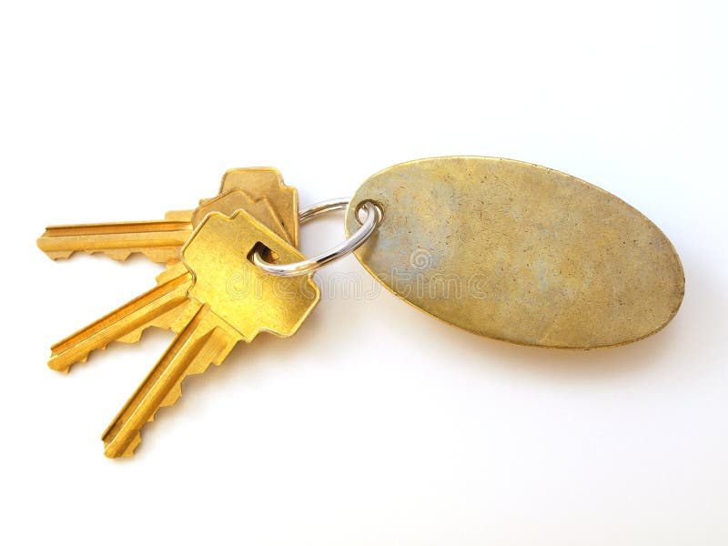 3 Gold Keys and blank keychain on white