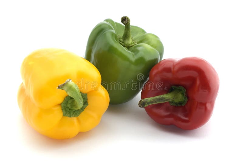 3 / three peppers - red, green and yellow on white