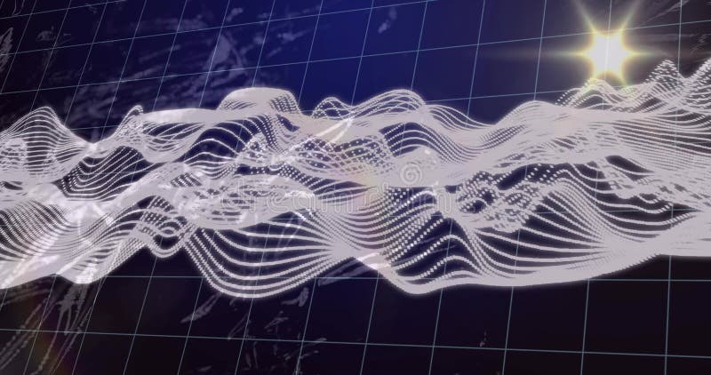 白色点状网格波在3D网格平面上流动，带有世界地图轮廓和星爆光芒 向量例证