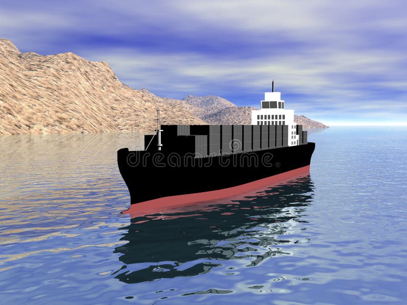 3D Cargo Ship with Land vector illustration