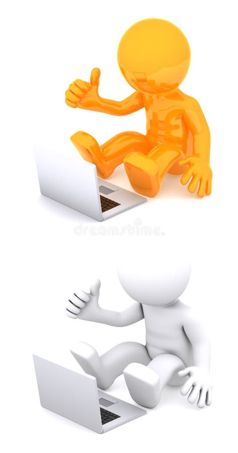 3D character sitting on the floor using a laptop.