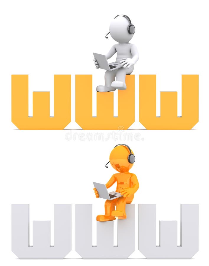 3d character sitting on WWW domain sign.