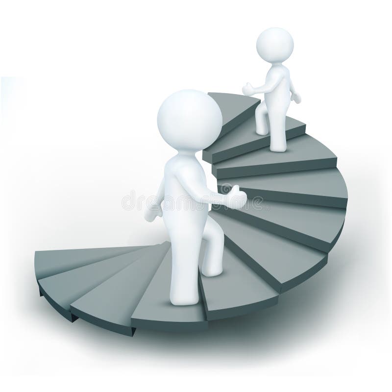 Illustration of 3d characters climbing steps of success on an isolated white background