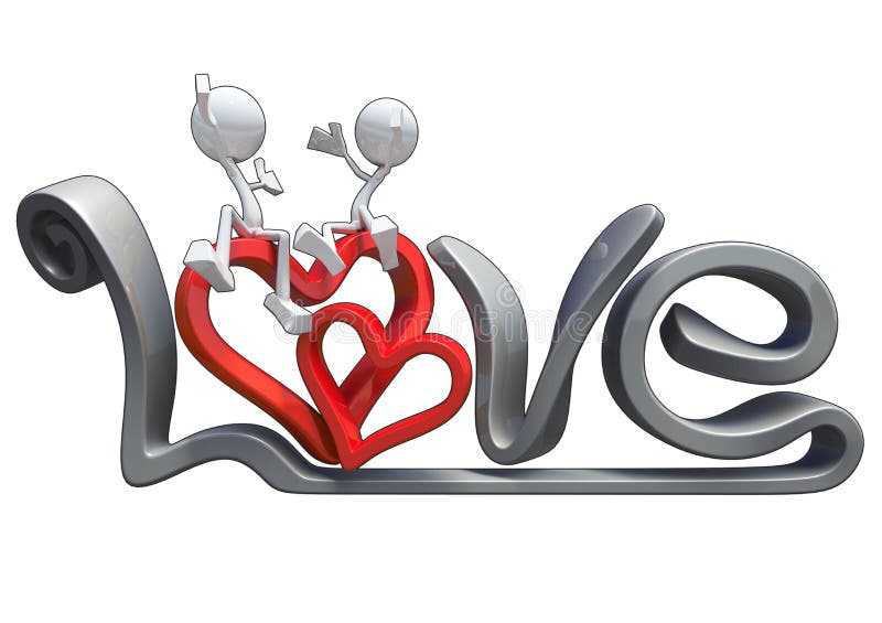 3D characters hugging on the word love.