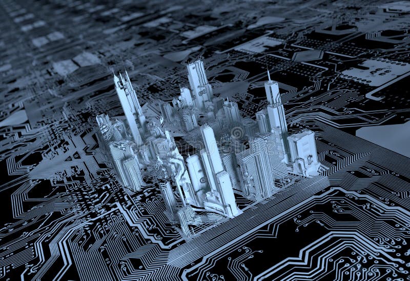 3D city computer chip stock illustration