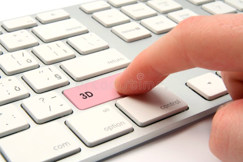 3D on computer concept - modernized computer keyboard with 3D button for switch to 3D view. 3D on computer concept - modernized computer keyboard with 3D button for switch to 3D view