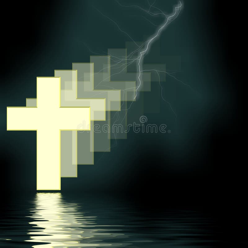 Cross 3D Water Reflection - Religious with lightning. Cross 3D Water Reflection - Religious with lightning