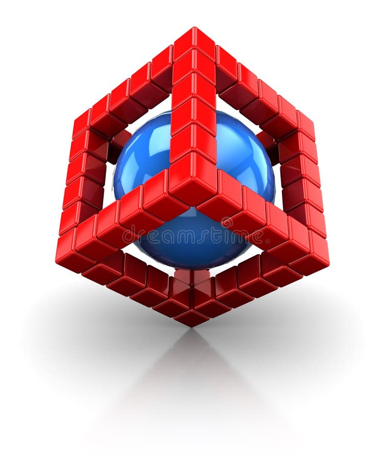 Abstract 3d illustration of structure built with blocks and sphere inside. Abstract 3d illustration of structure built with blocks and sphere inside