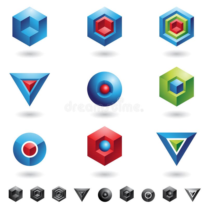 Spheres, Cubes, triangles and three dimensional shapes. Blue square logo vectors