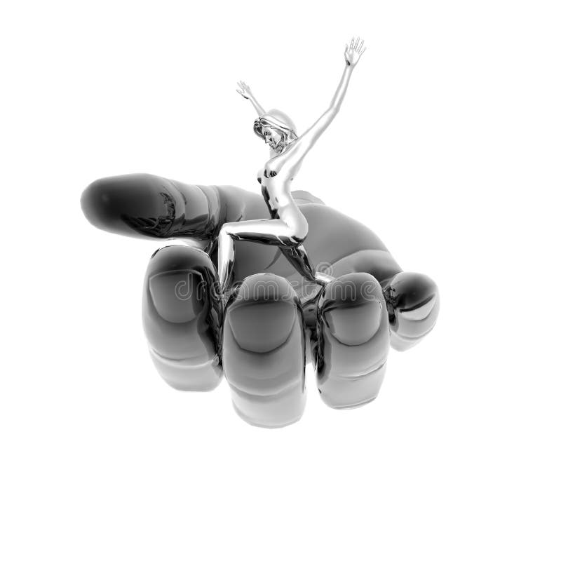 3D girl on metal hand isolated on a white