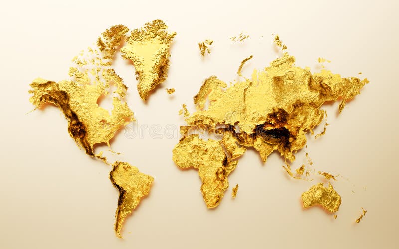 3d Golden Shiny World Map Golden Metal Hypsometric Map, Soft Gold ...