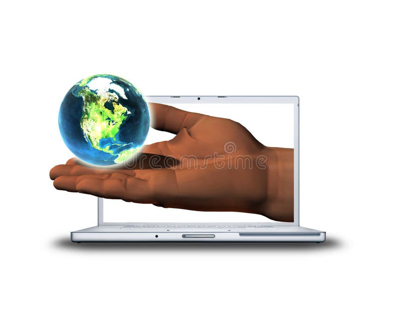 3D hand with earth on laptop