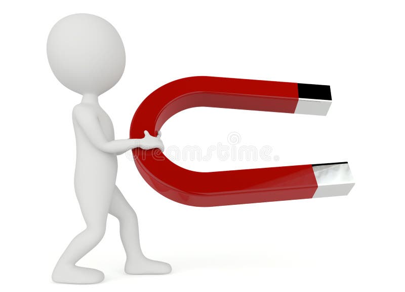 3d humanoid character hold a horseshoe magnet stock illustration