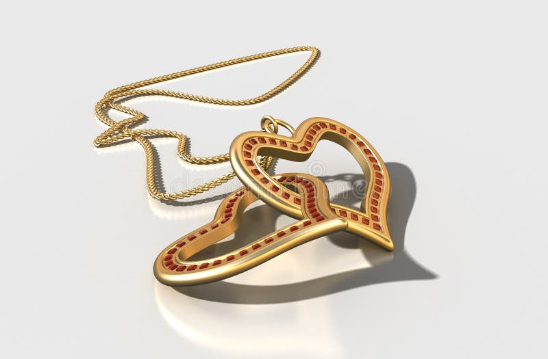3D jewelry, gold hearts with rubies stock illustration