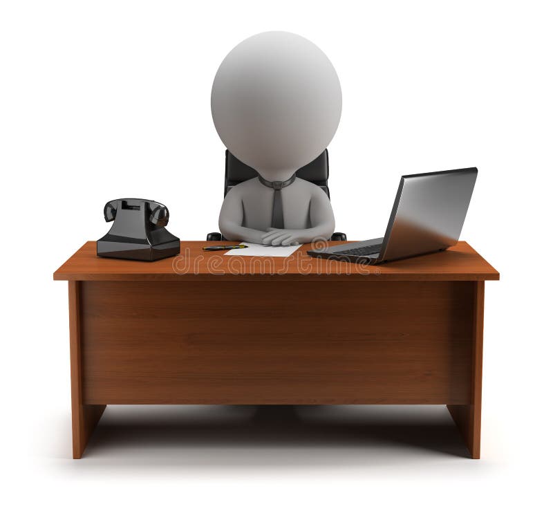 3d small person - manager sits at a desk with a laptop and phone. 3d image. White background. 3d small person - manager sits at a desk with a laptop and phone. 3d image. White background.