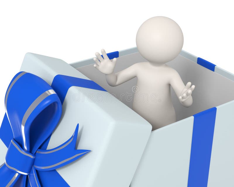 3d man in a blue gift box vector illustration