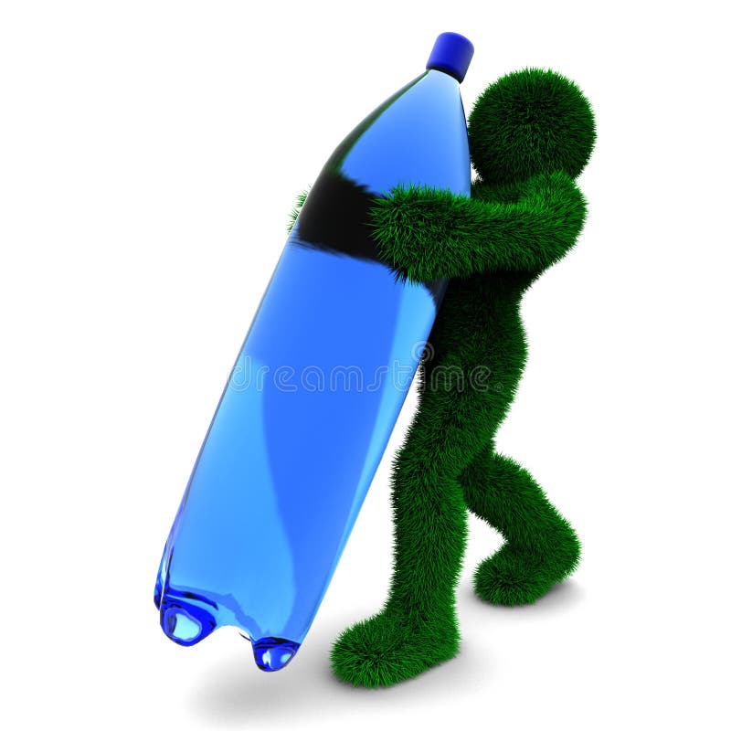 3D man and bottle isolated on white.