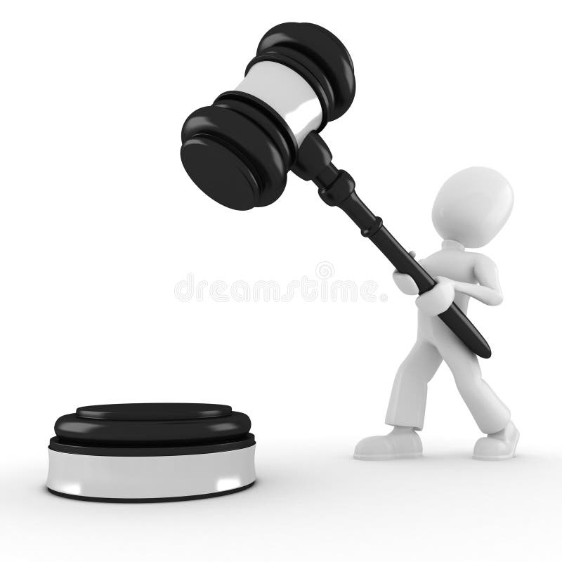 3d man holding a big gavel isolated on white