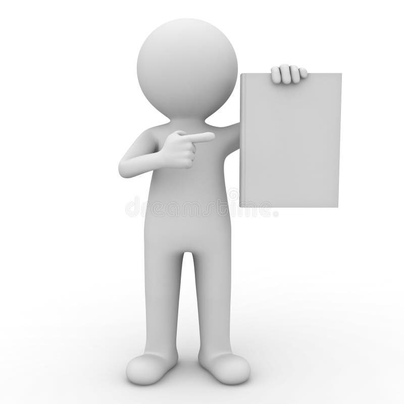 3d man showing blank book and pointing finger at it over white background. Man reading magazine illustrations