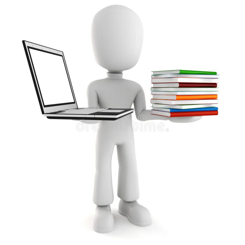 3d man holding a laptopp and books