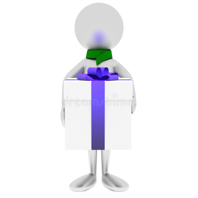 3D man holds gift isolated on white.